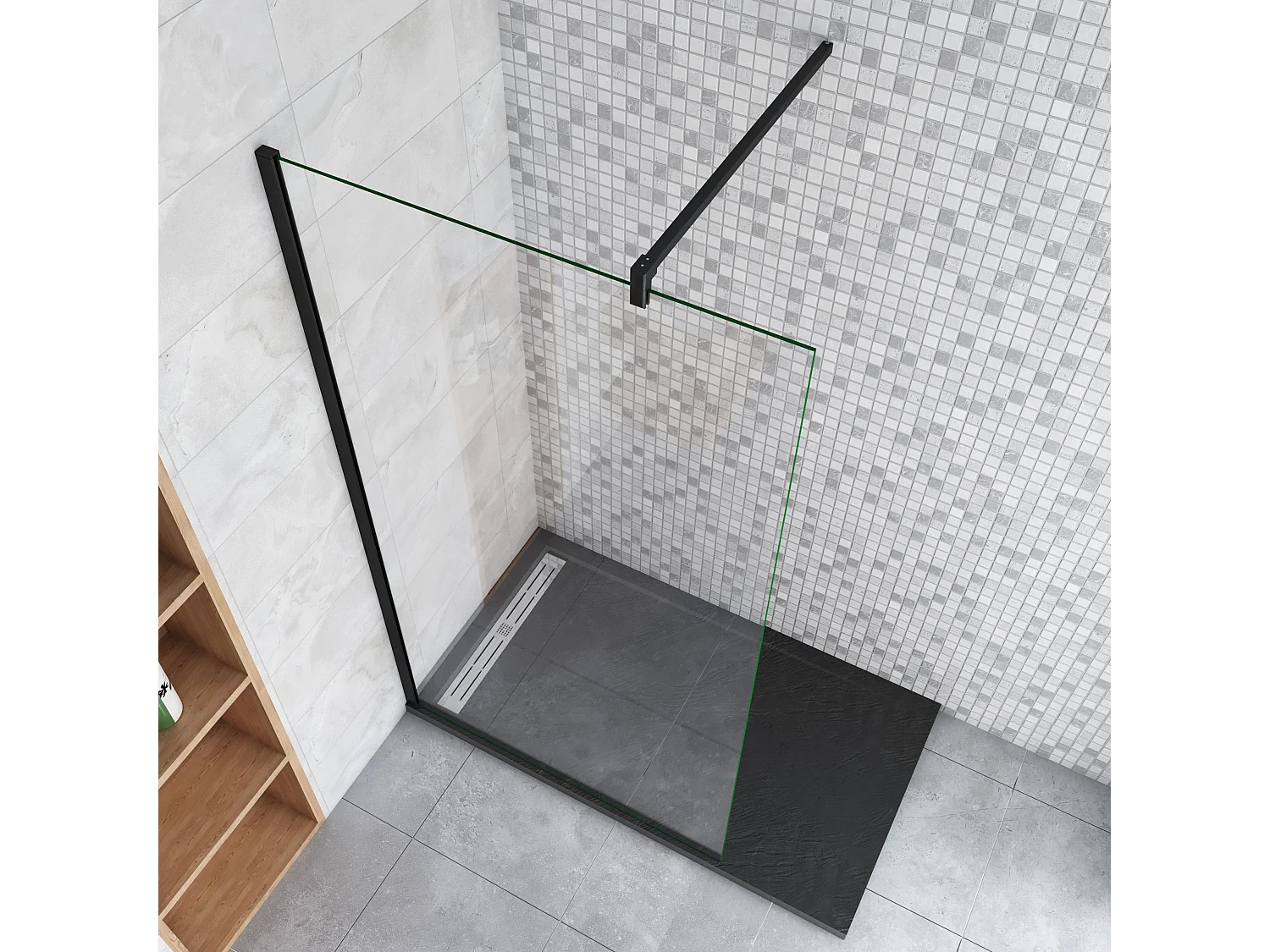 80x200cm Schwarzrahmen Walk in Duschkabine Duschwand +F Form 90cm Stabilisator 8mm NANO ESG-Glas Duschabtrennung Duschtrennwand