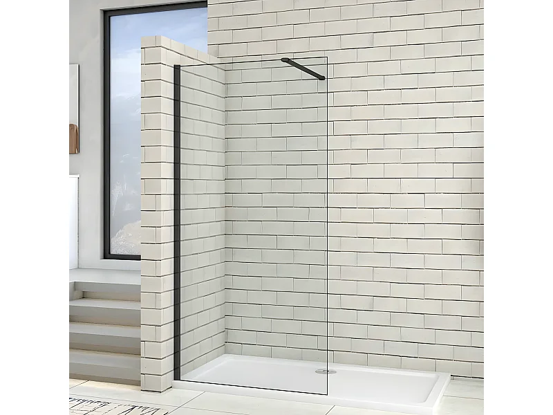 100x200cm Schwarzrahmen Walk in Duschkabine Duschwand +N Form 140cm Stabilisator 8mm NANO ESG-Glas Duschabtrennung Duschtrennwand