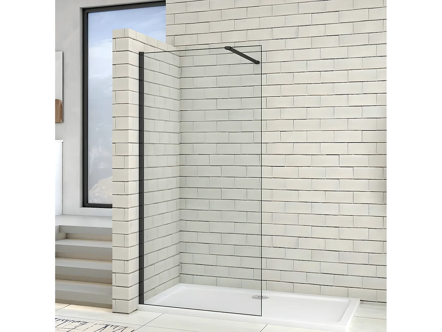 110x200cm Schwarzrahmen Walk in Duschkabine Duschwand +N Form 90cm Stabilisator 8mm NANO ESG-Glas Duschabtrennung Duschtrennwand