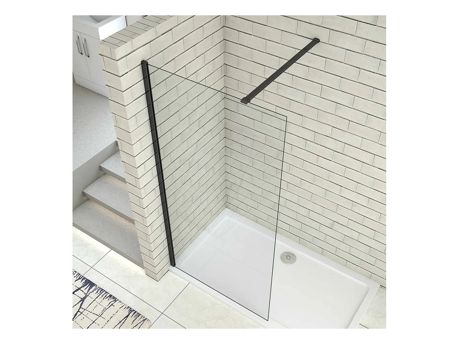 100x200cm Schwarzrahmen Walk in Duschkabine Duschwand +N Form 90cm Stabilisator 8mm NANO ESG-Glas Duschabtrennung Duschtrennwand