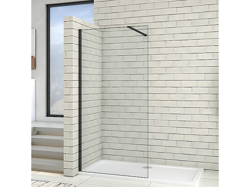 70x200cm Schwarzrahmen Walk in Duschkabine Duschwand +N Form 90cm Stabilisator 8mm NANO ESG-Glas Duschabtrennung Duschtrennwand