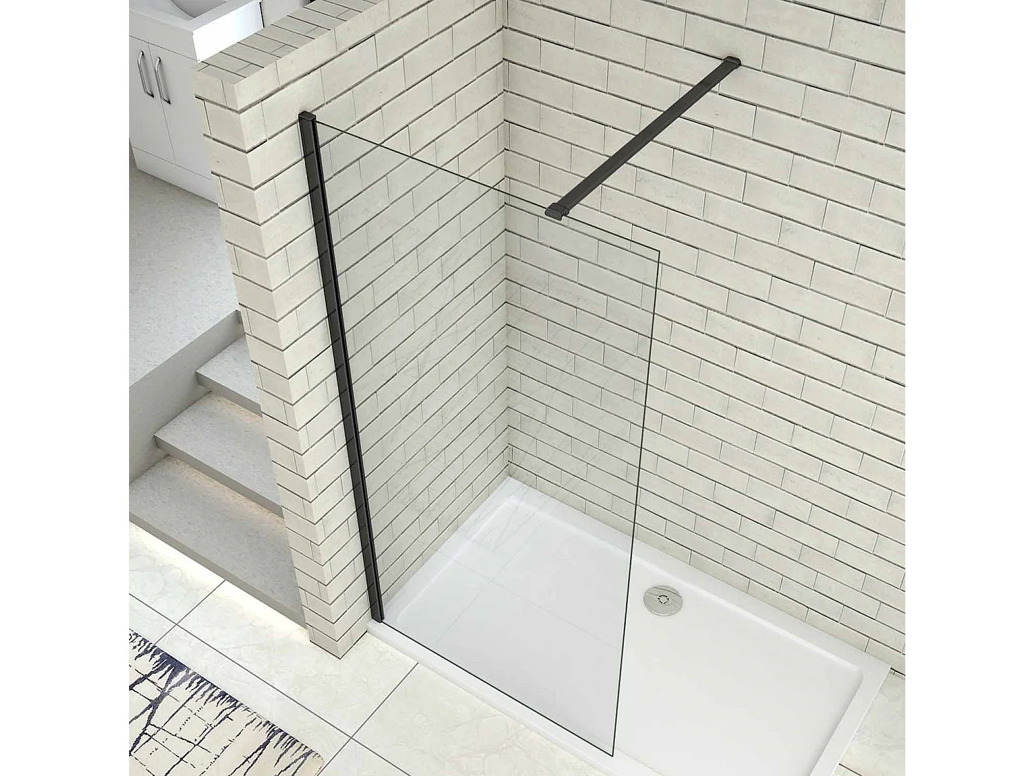 140x200cm Schwarzrahmen Walk in Duschkabine Duschwand +N Form 140cm Stabilisator 8mm NANO ESG-Glas Duschabtrennung Duschtrennwand