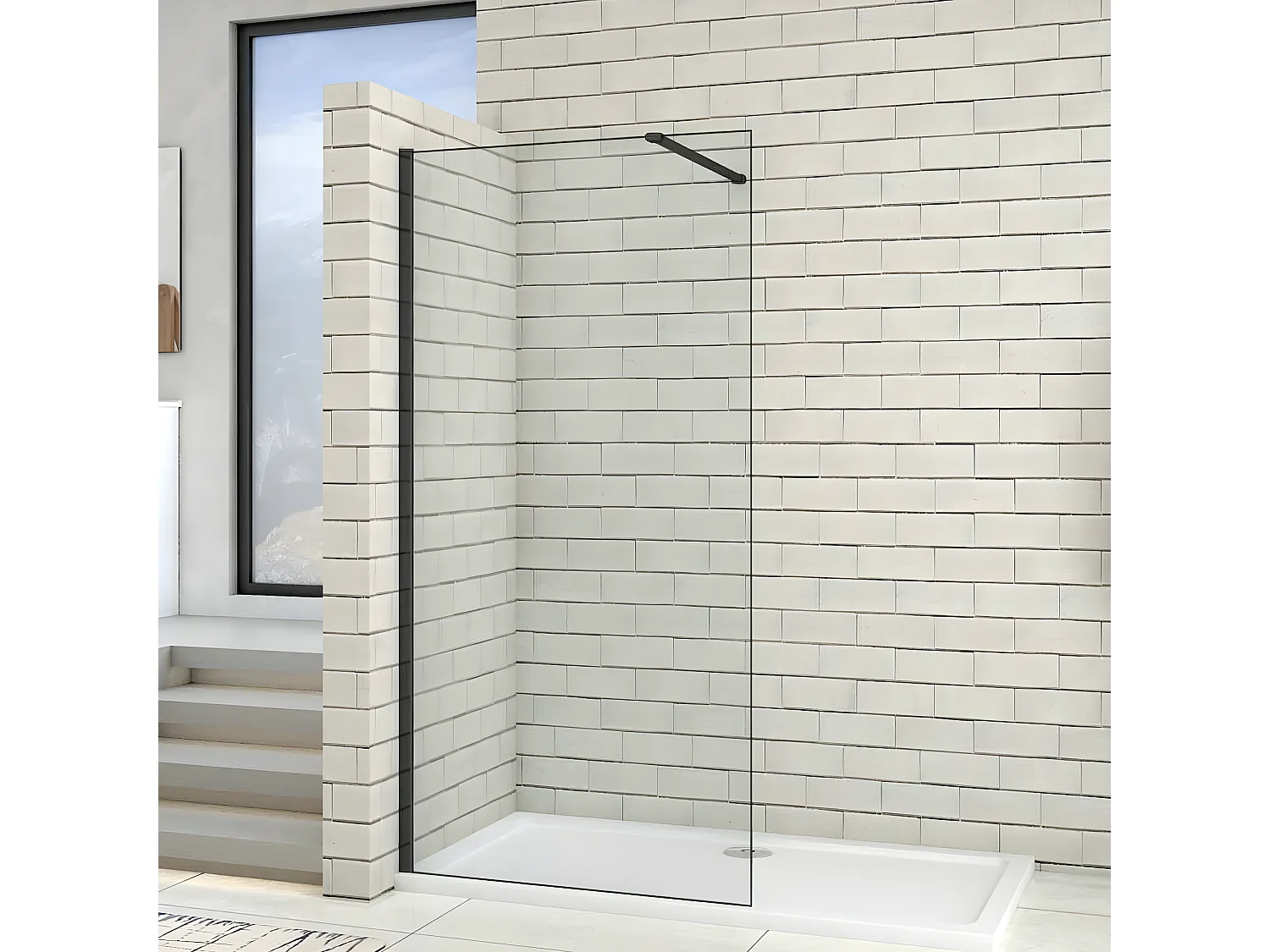 130x200cm Schwarzrahmen Walk in Duschkabine Duschwand +N Form 140cm Stabilisator 8mm NANO ESG-Glas Duschabtrennung Duschtrennwand