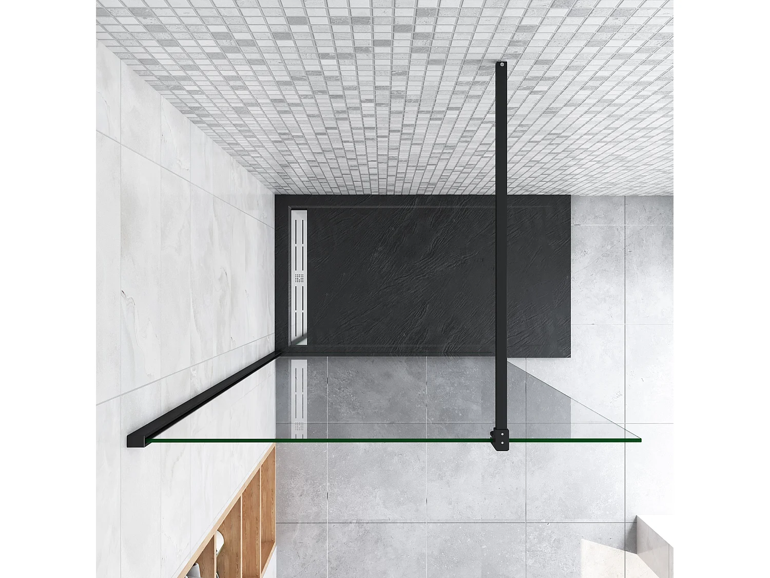 100x200cm Schwarzrahmen Walk in Duschkabine Duschwand +F Form 90cm Stabilisator 8mm NANO ESG-Glas Duschabtrennung Duschtrennwand