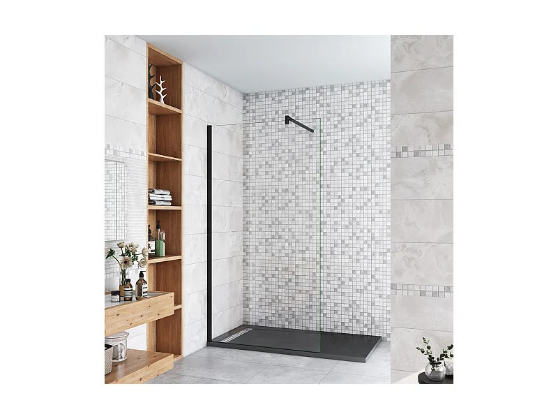 100x200cm Schwarzrahmen Walk in Duschkabine Duschwand +F Form 140cm Stabilisator 8mm NANO ESG-Glas Duschabtrennung Duschtrennwand