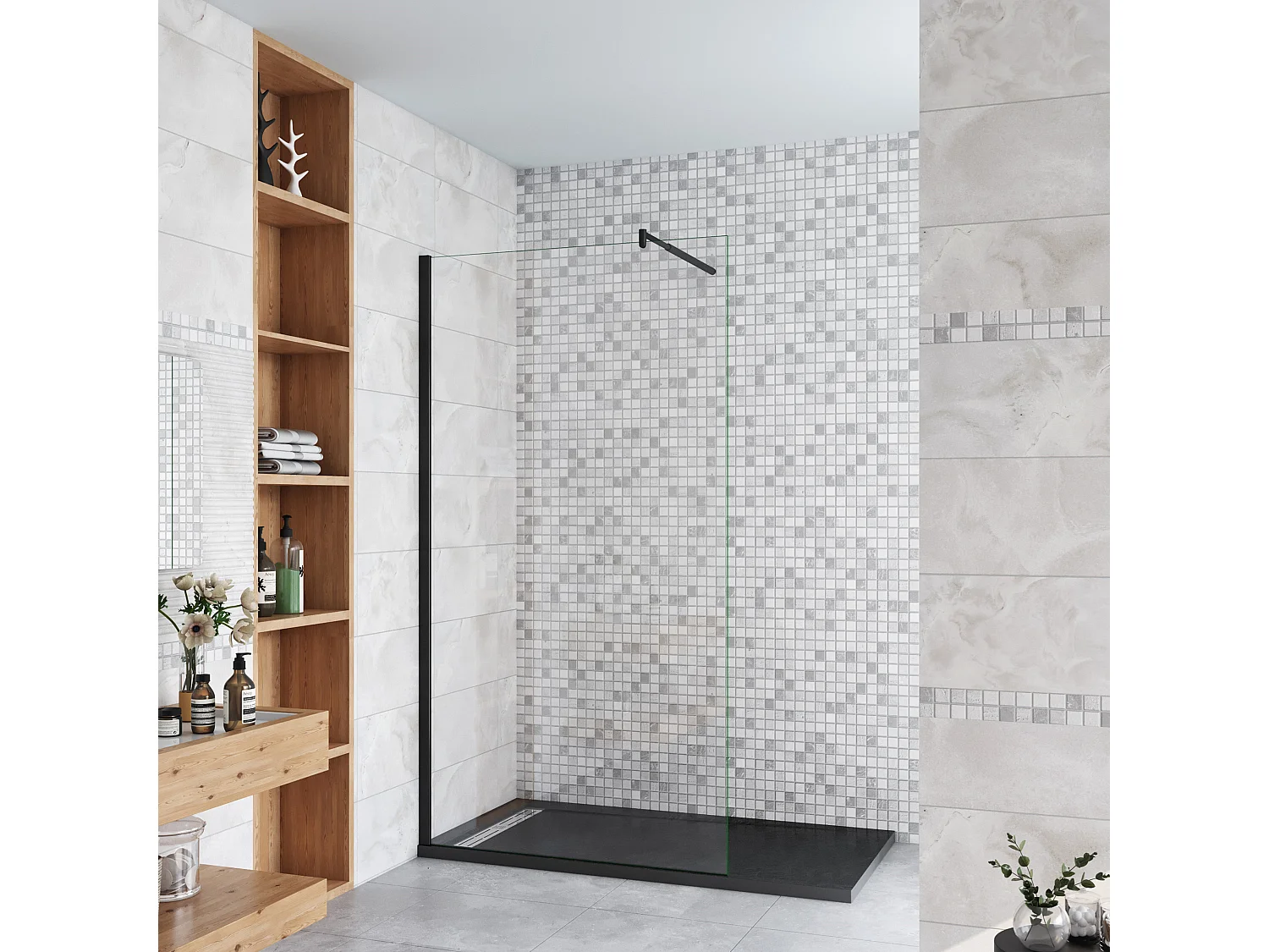 50x200cm Schwarzrahmen Walk in Duschkabine Duschwand +70-120cm Stabilisator 8mm NANO ESG-Glas Duschabtrennung Duschtrennwand