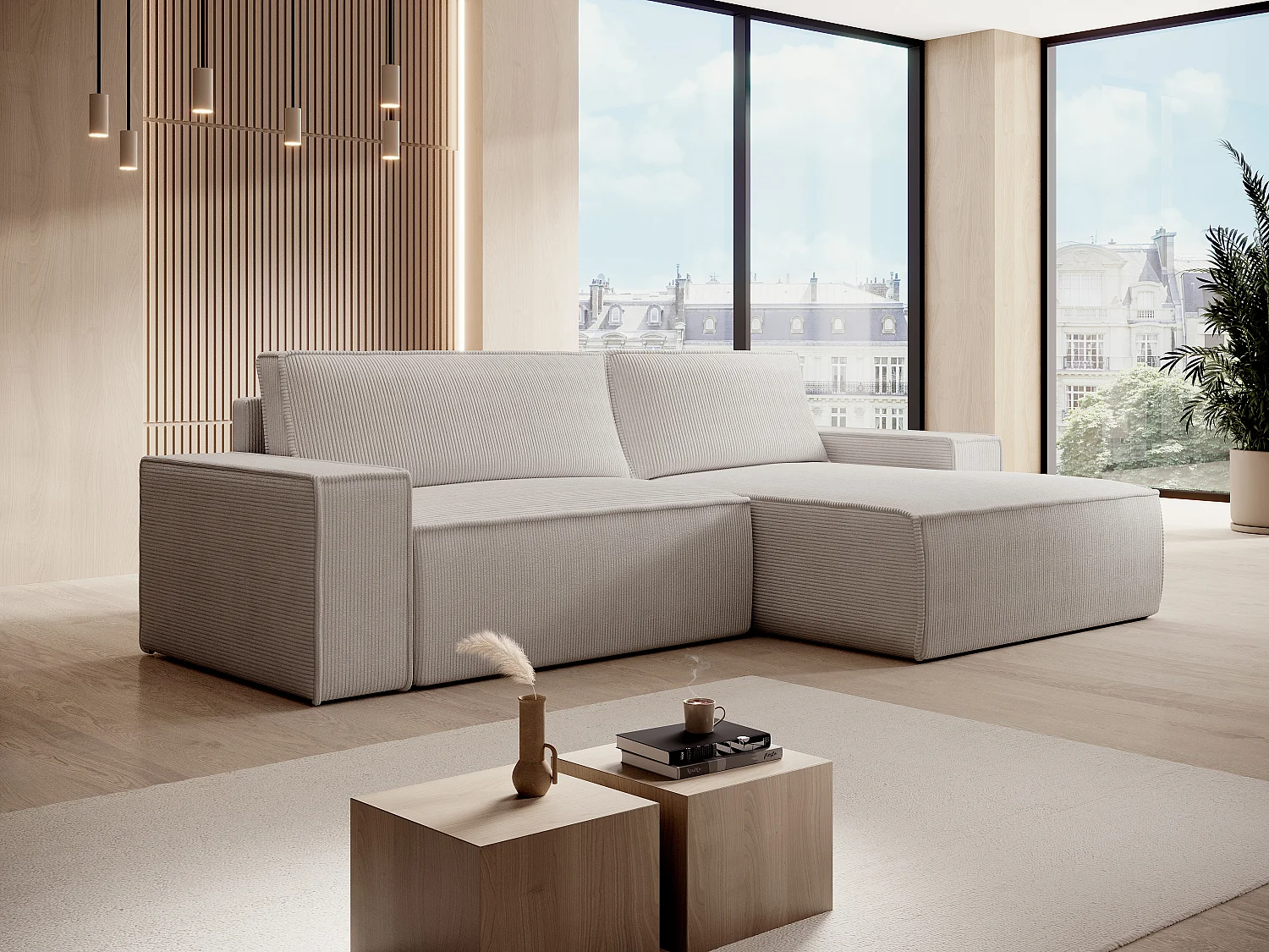 Canapé d'angle droit en velours côtelé beige AMELIA
