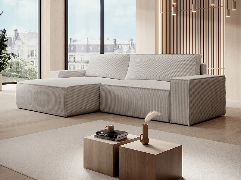 Zitbank met linkse hoek in beige ribfluweel AMELIA