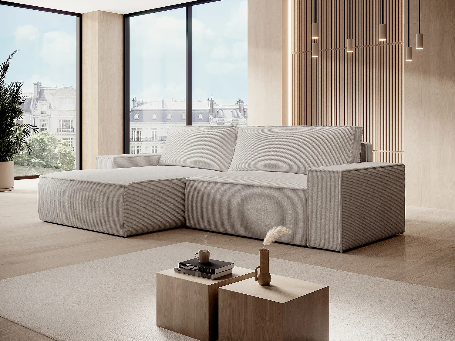 Kanapa narożna lewostronna z beżowego sztruksu - AMELIA