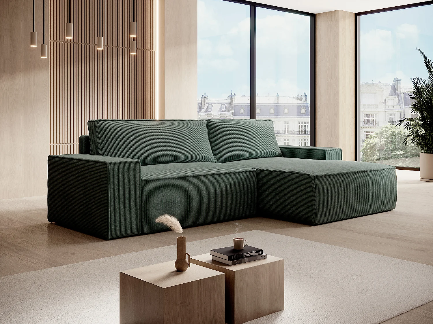 Canapé d'angle droit en velours côtelé vert sapin AMELIA