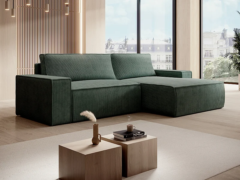 Canapé d'angle droit en velours côtelé vert sapin AMELIA