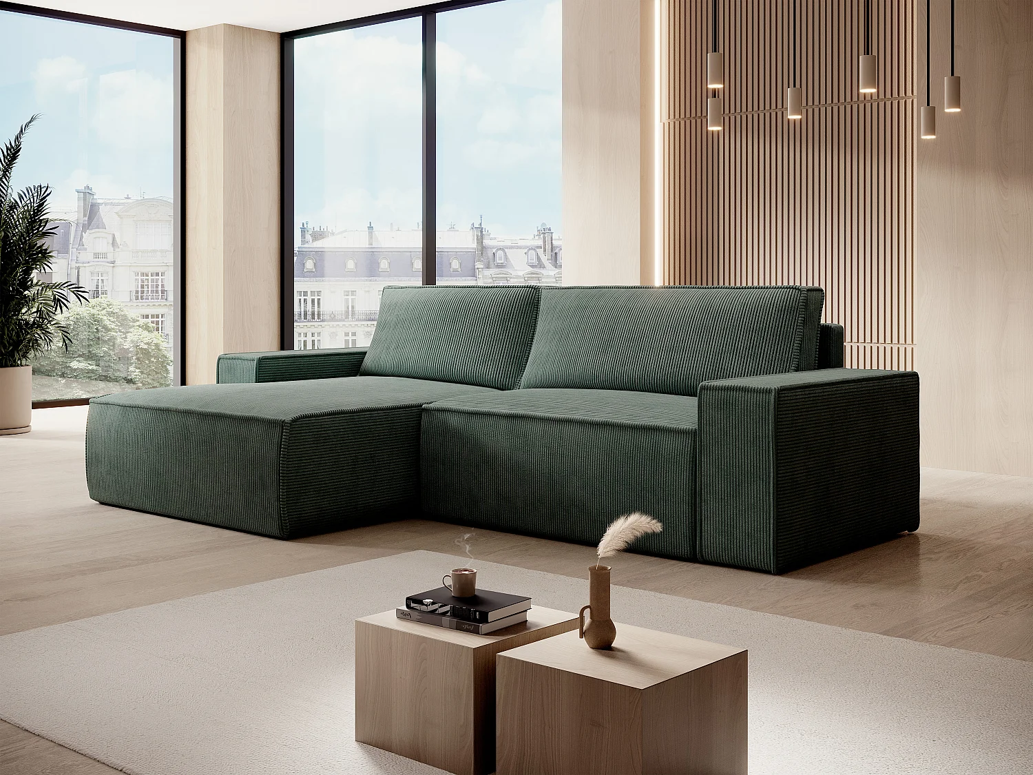 Ecksofa - Ecke links - Cord - Grün - Tannengrün - AMELIA