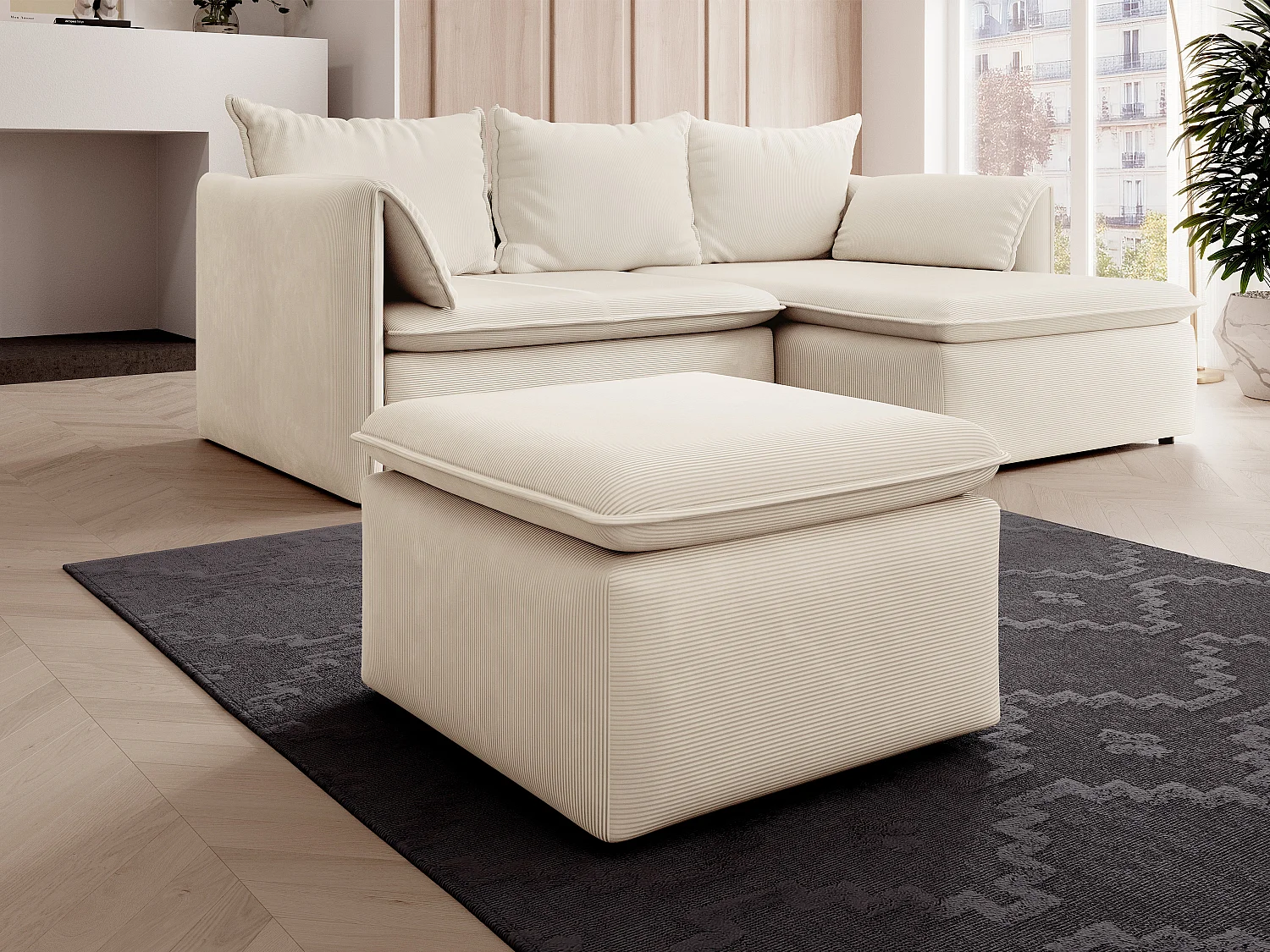 Pouf en velours côtelé fines côtes beige TEODORA