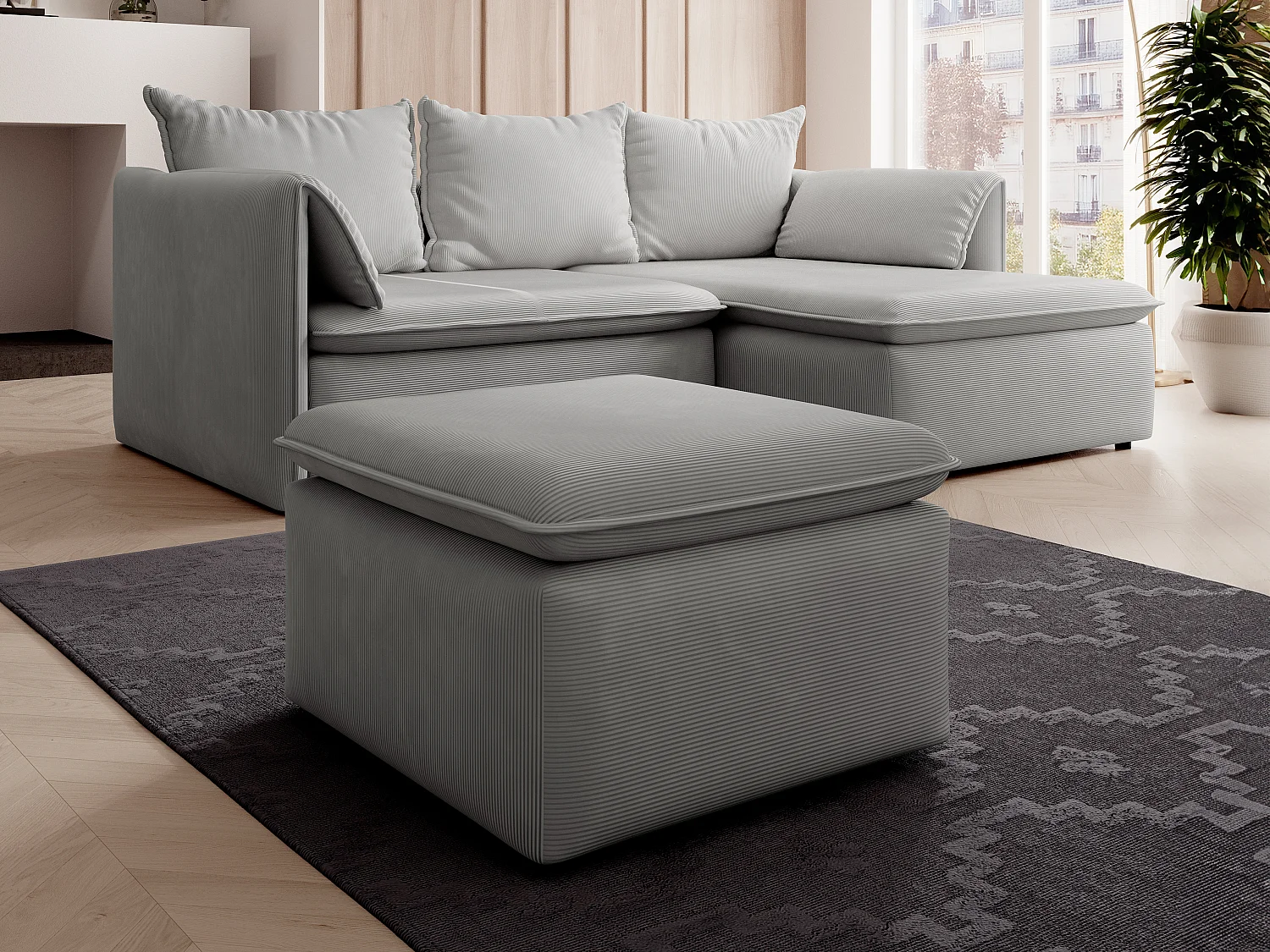 Pouf en velours côtelé fines côtes gris clair TEODORA