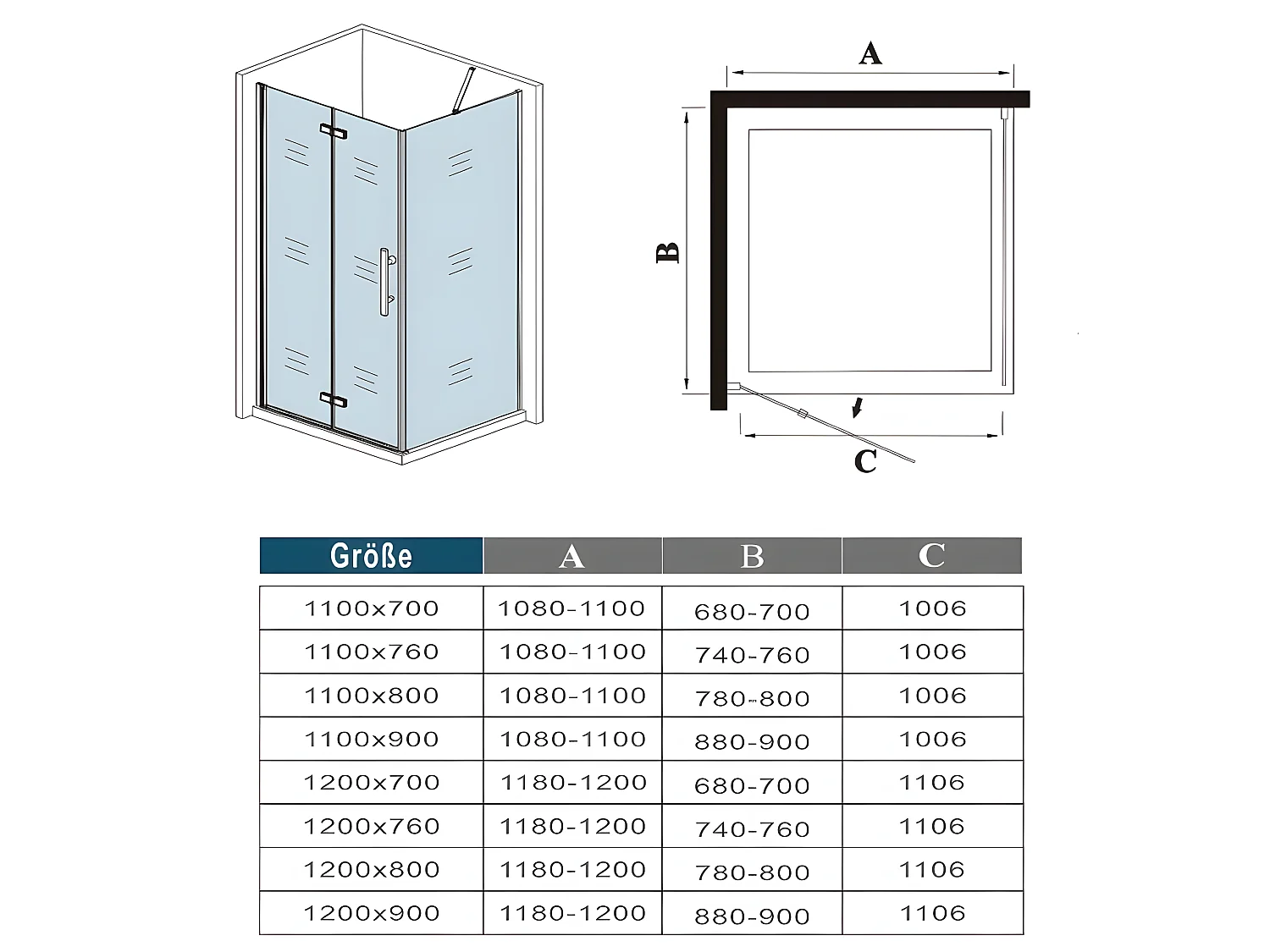 B:120xT:80x185cm Falttür Drehtür Eckeinstieg Duschabtrennung Duschkabine Dusche