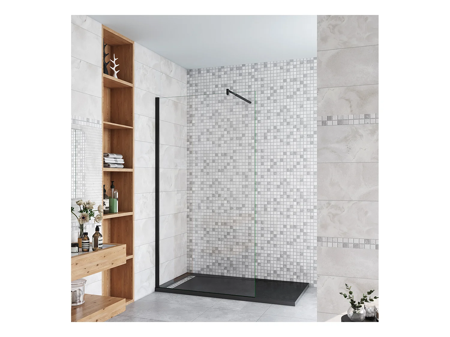 60x200cm Schwarzrahmen Walk in Duschkabine Duschwand +70-120cm Stabilisator 10mm NANO ESG-Glas Duschabtrennung Duschtrennwand