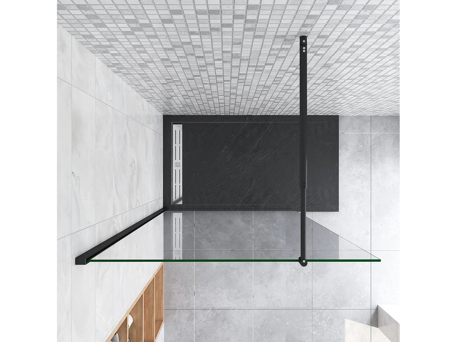 60x200cm Schwarzrahmen Walk in Duschkabine Duschwand +70-120cm Stabilisator 10mm NANO ESG-Glas Duschabtrennung Duschtrennwand