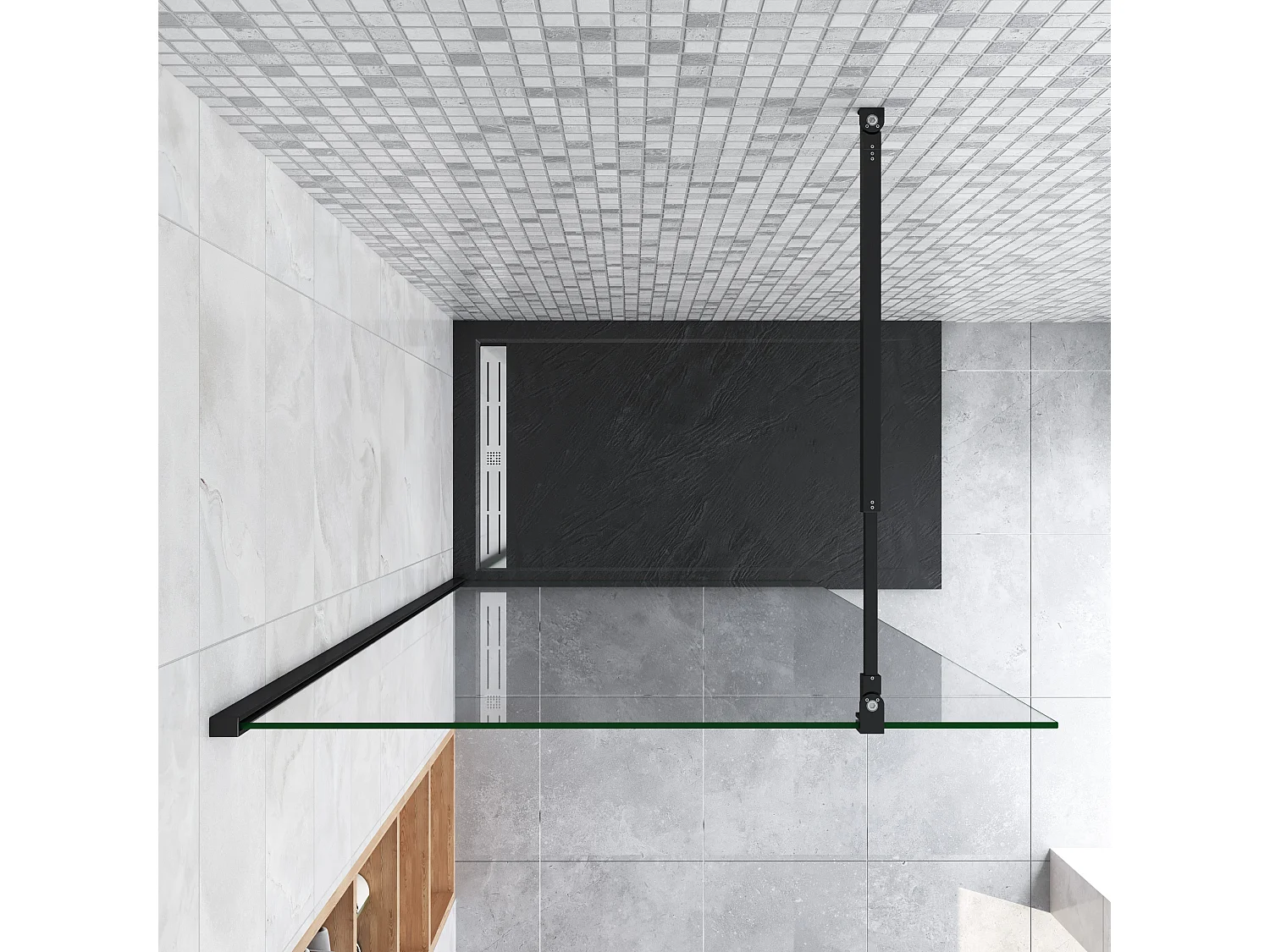 50x200cm Schwarzrahmen Walk in Duschkabine Duschwand +73-120cm Stabilisator 10mm NANO ESG-Glas Duschabtrennung Duschtrennwand