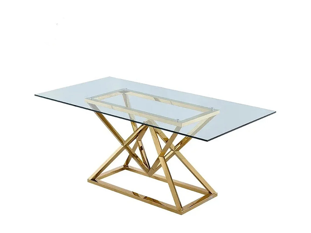 Table à manger PYRAMIDE plateau en verre et structure en Gold pour 4 à 8 personnes