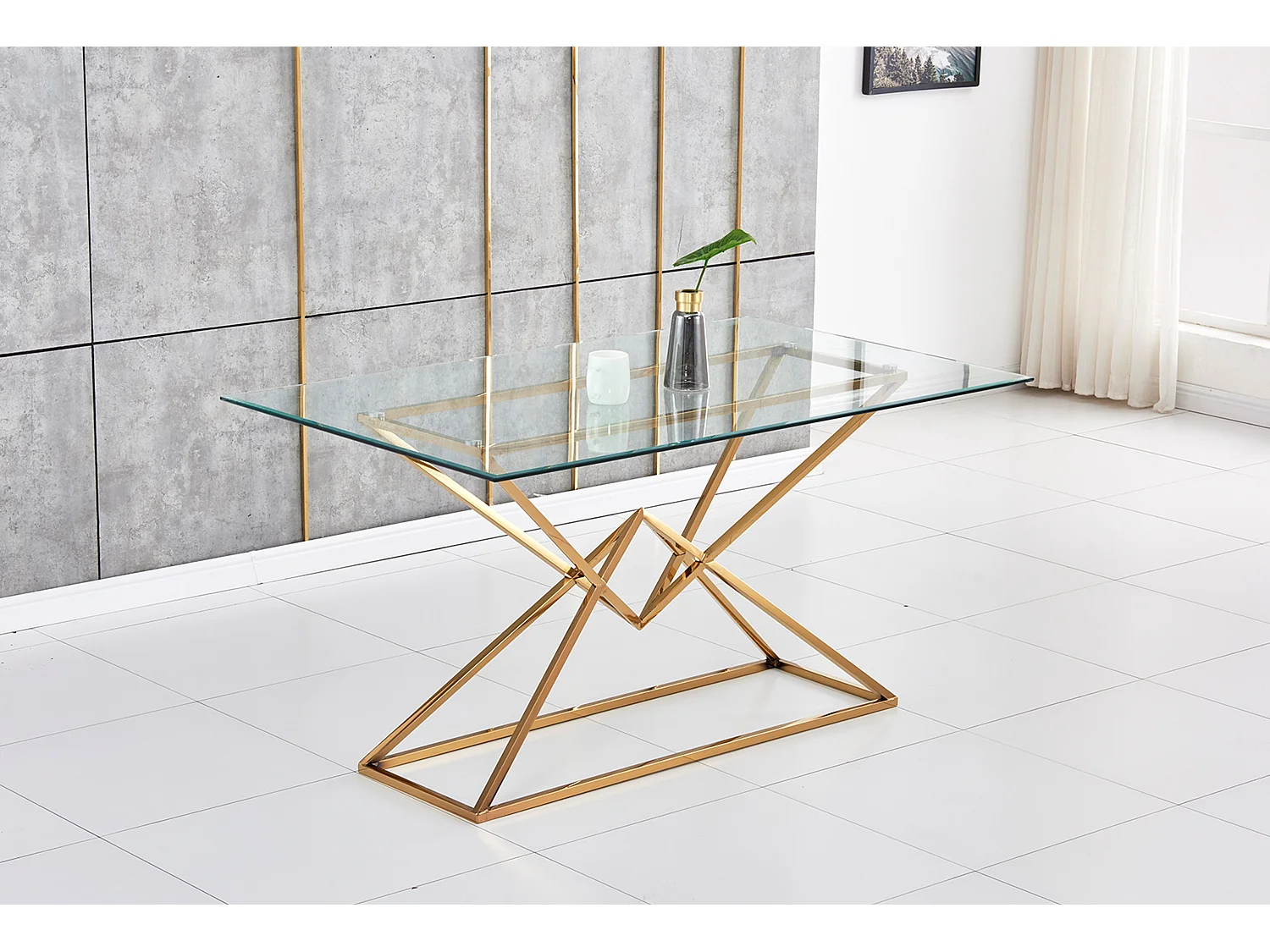 Table à manger PYRAMIDE plateau en verre et structure en Gold pour 4 à 8 personnes