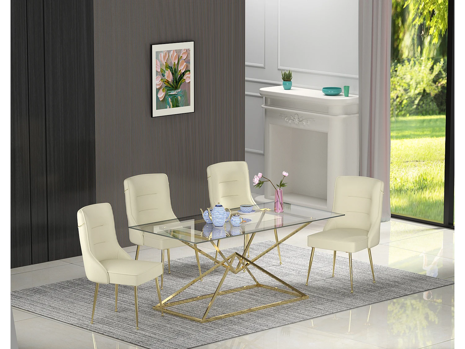 Table à manger PYRAMIDE plateau en verre et structure en Gold pour 4 à 8 personnes