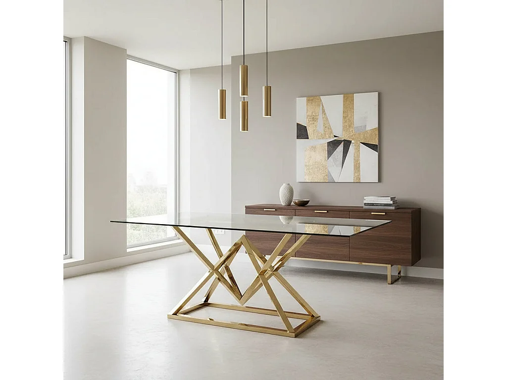 Table à Manger Rectangulaire Verre Transparent & Structure Gold – 180×90 cm – PYRAMIDE