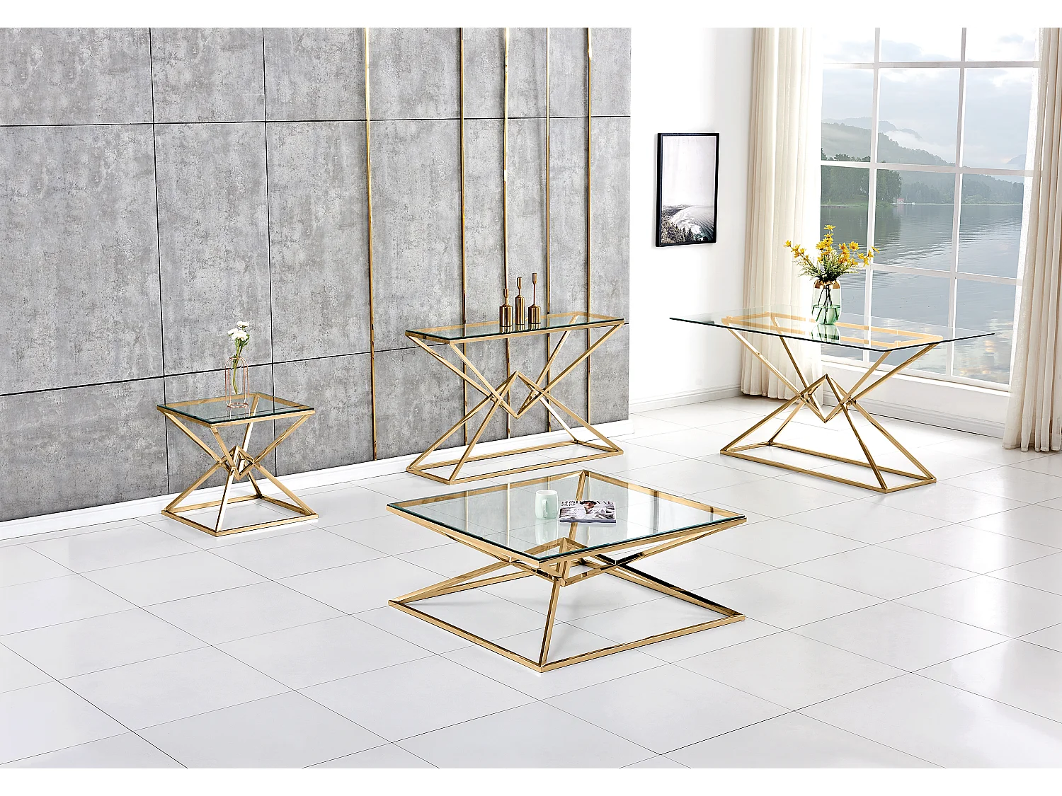 Table à Manger Rectangulaire Verre Transparent & Structure Gold – 180×90 cm – PYRAMIDE