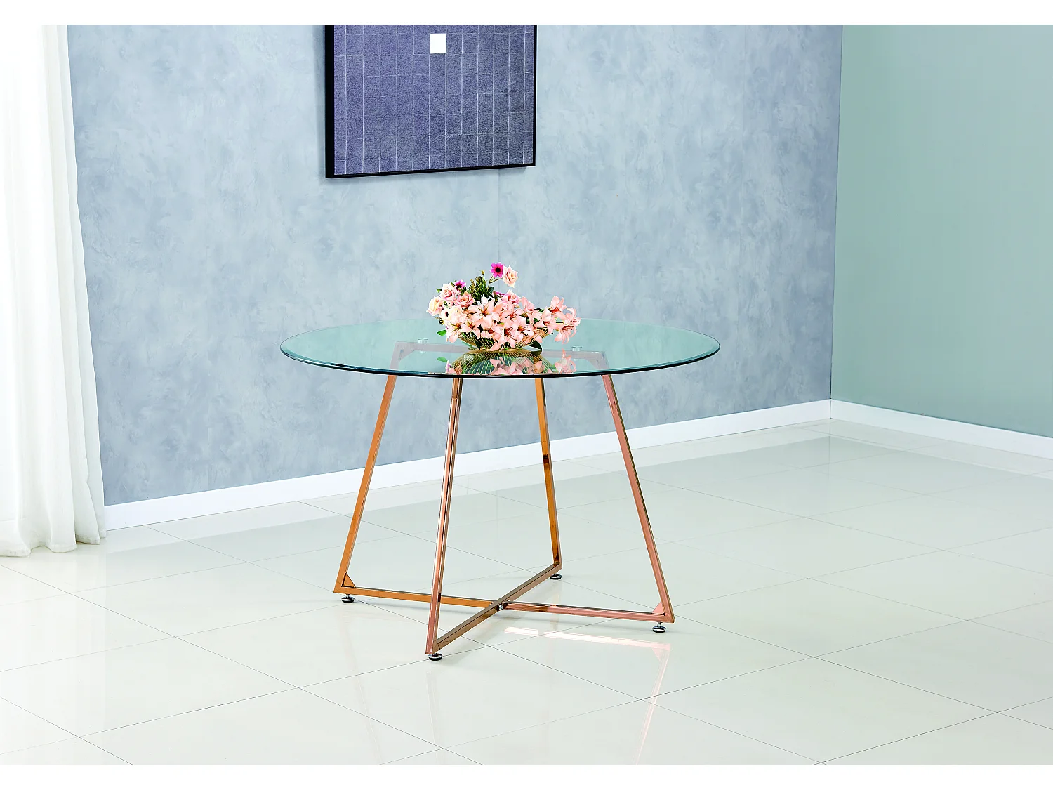 Table à manger ronde 4 personnes HELOISE Gold rose verre trempé D120 cm