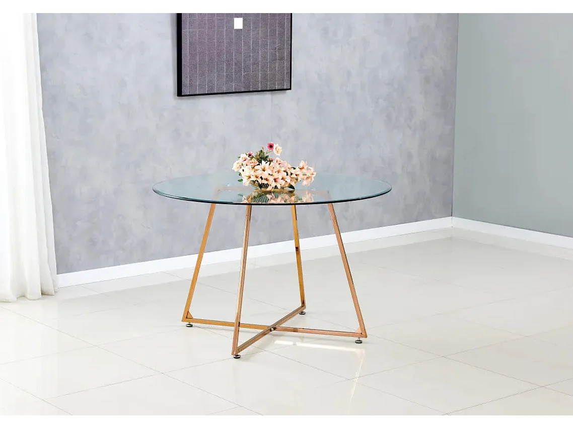 Table à manger ronde 4 personnes HELOISE Gold et plateau en verre D120 cm