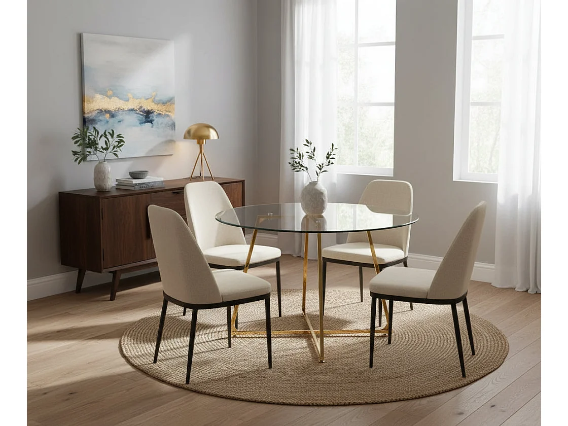 Table à Manger Ronde Verre Transparent Pieds Métal Doré 120x75cm - HELOISE