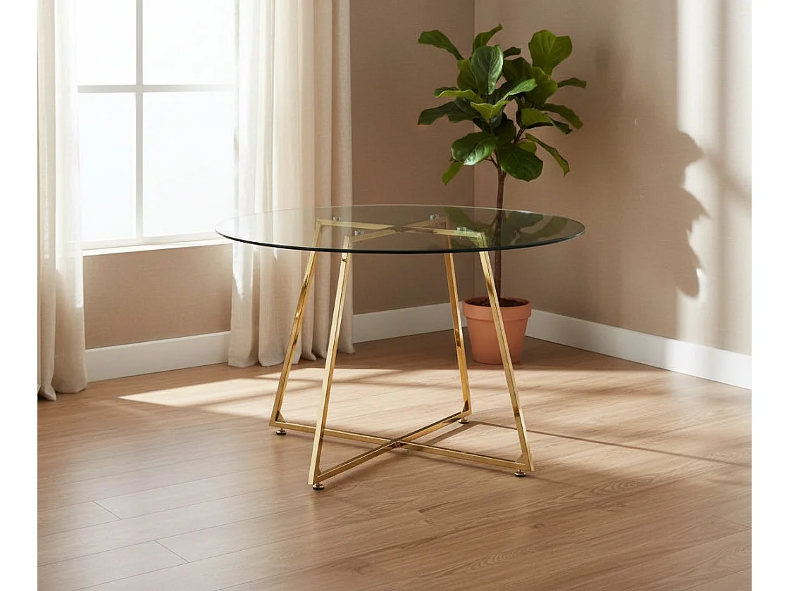 Table à Manger Ronde Verre Transparent Pieds Métal Doré 120x75cm - HELOISE