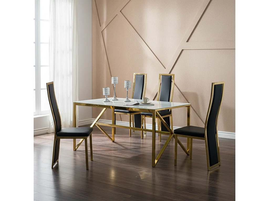 Table à Manger Design Verre Trempé Marbré Blanc & Doré – 150×90 cm