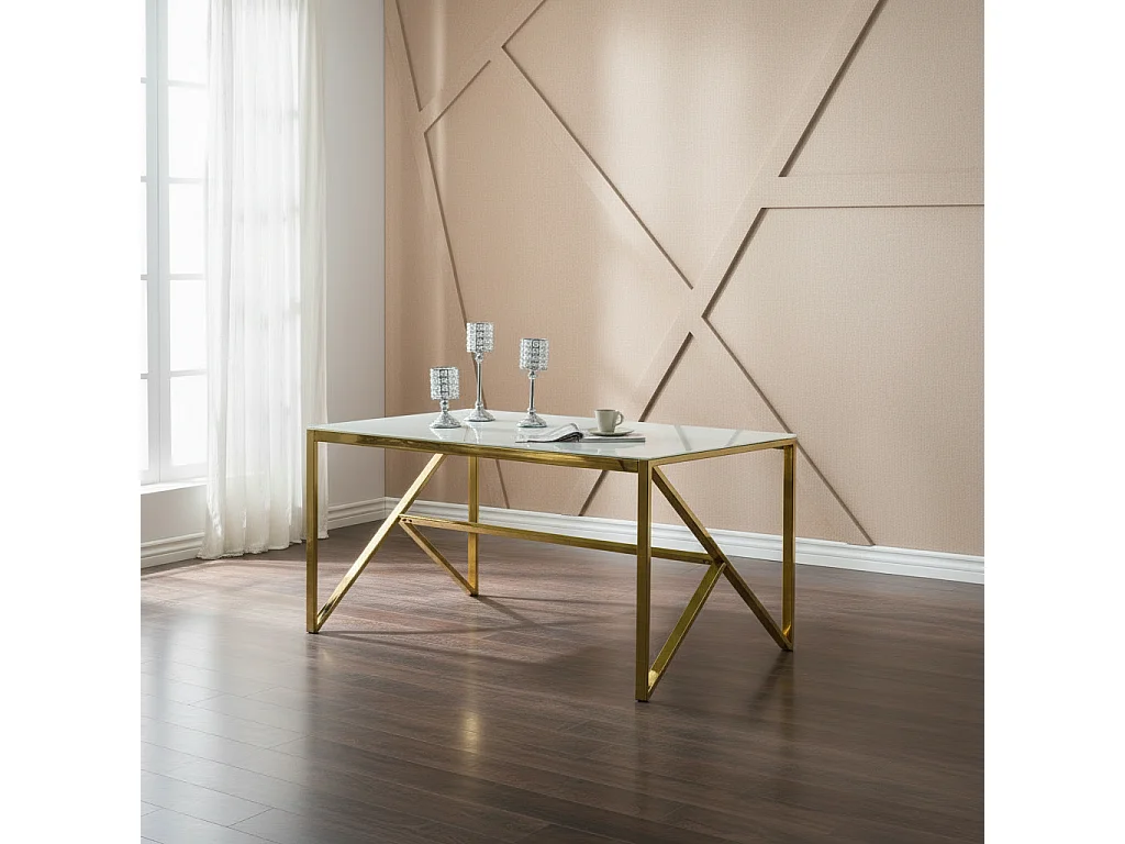 Table à Manger Design Verre Trempé Marbré Blanc & Doré – 150×90 cm