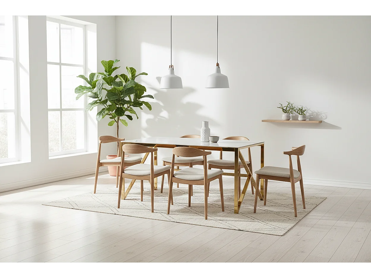 Table à Manger Design Verre Trempé Marbré Blanc & Doré – 150×90 cm