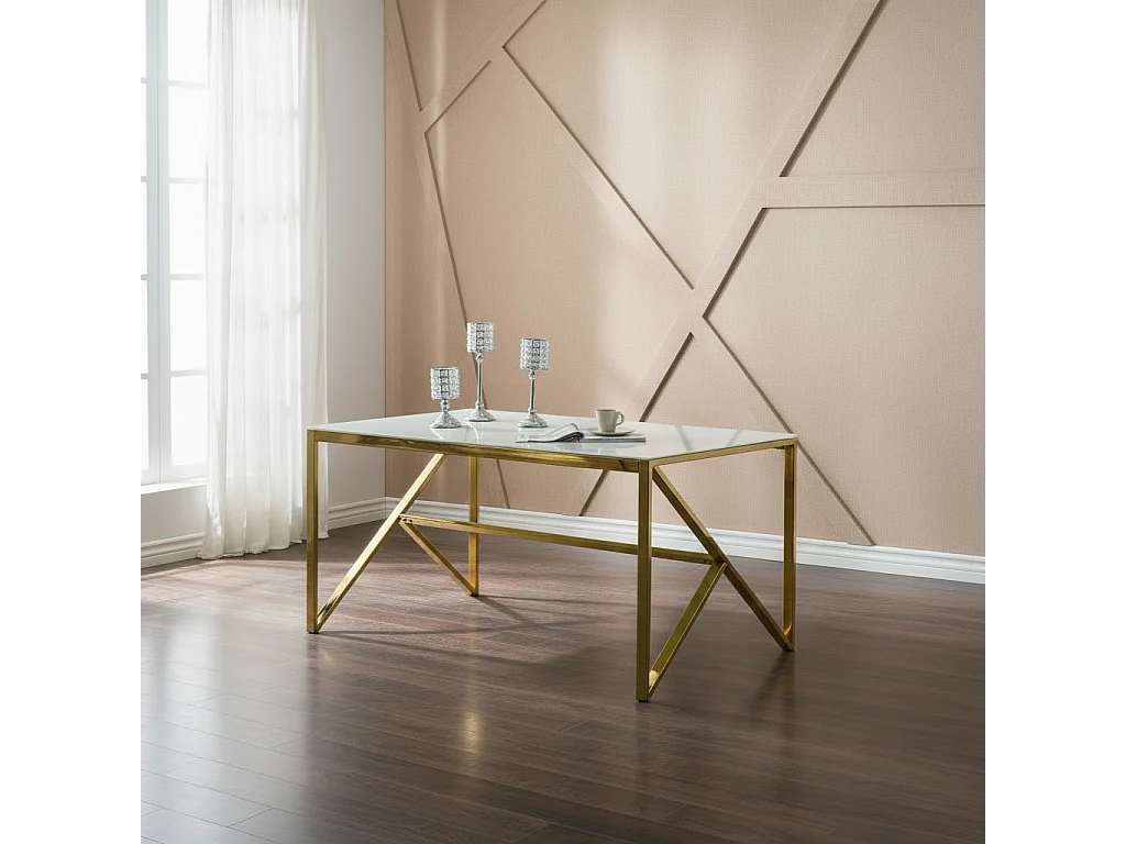 Table à Manger Design Verre Trempé Marbré Blanc & Doré – 150×90 cm