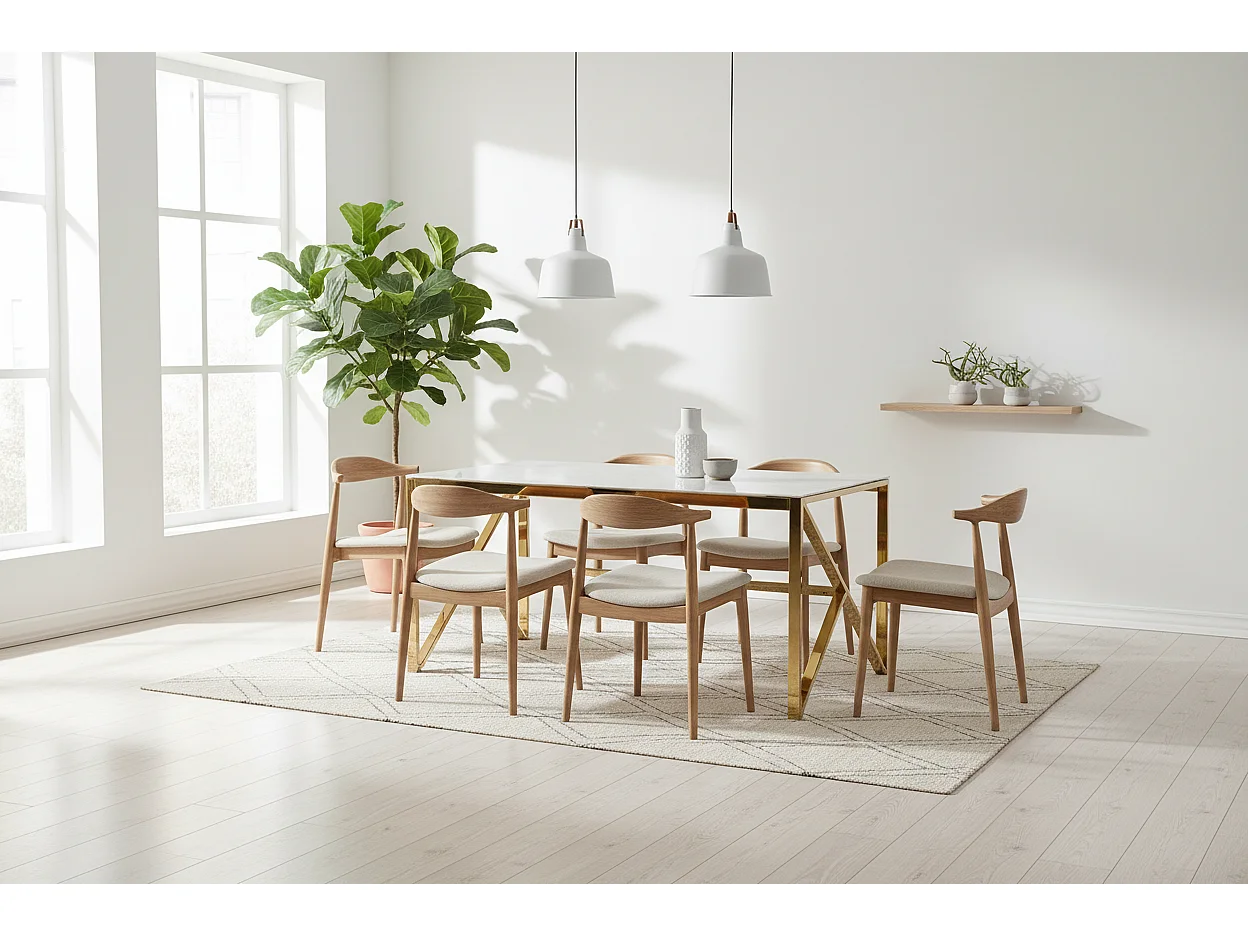 Table à Manger Design Verre Trempé Marbré Blanc & Doré – 150×90 cm