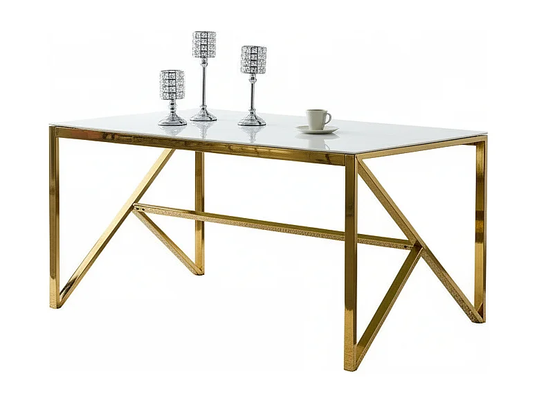 Table à manger MAJESTIQUE Gold Plateau en verre trempé - Marbré blanc