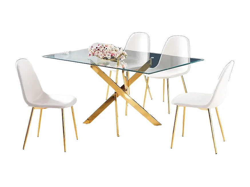 Table repas Jessica 150x90 cm,  Plateau en verre transparent et des pieds en acier gold