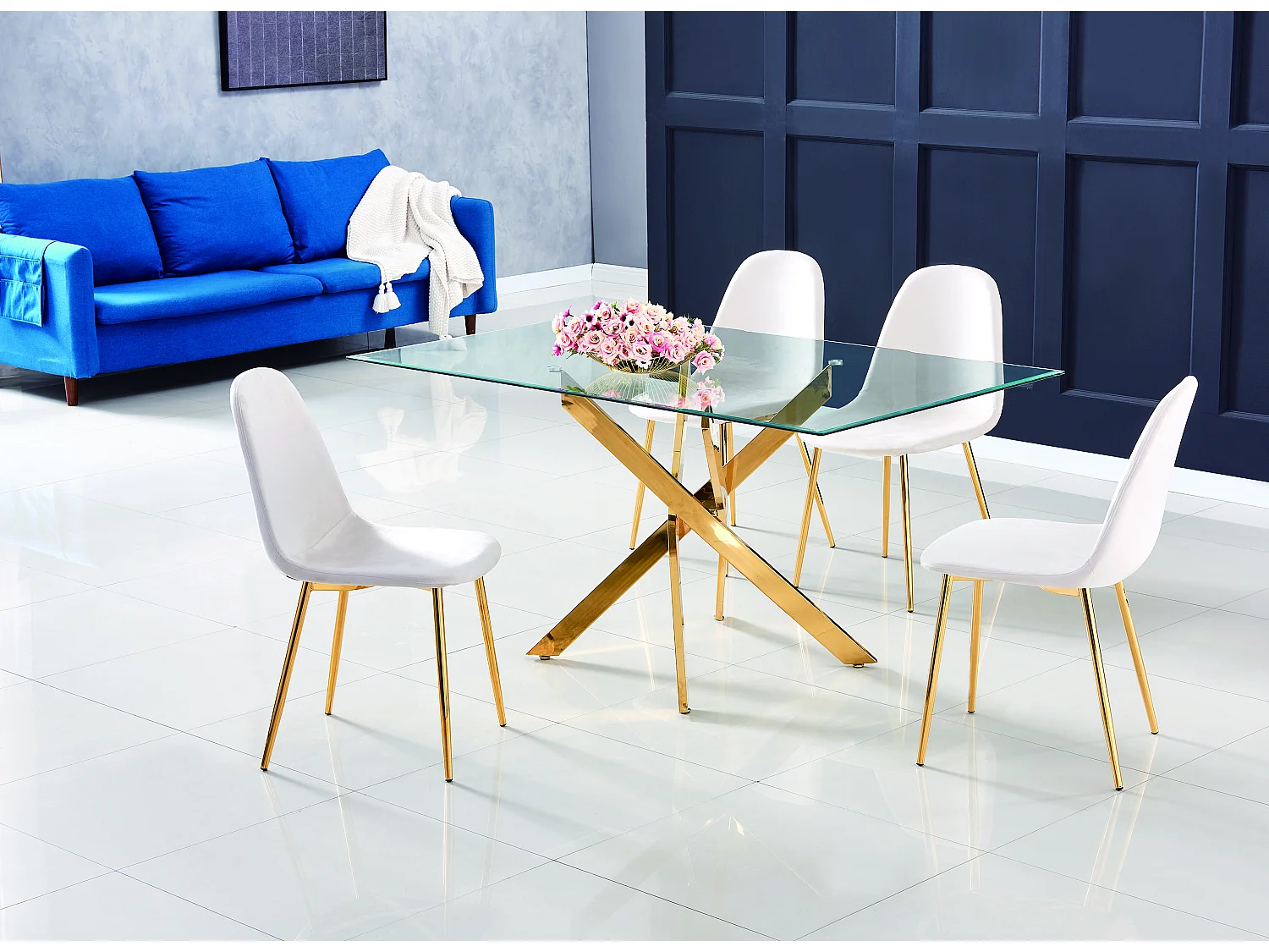 Table repas Jessica 150x90 cm,  Plateau en verre transparent et des pieds en acier gold