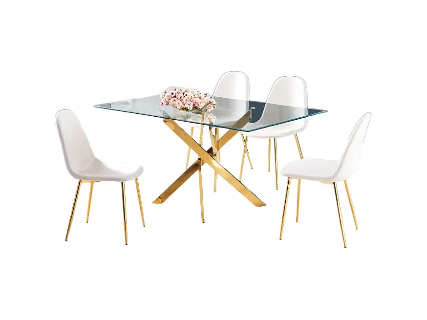 Table repas Jessica 150x90 cm,  Plateau en verre transparent et des pieds en acier gold