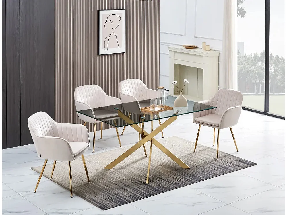 Table repas Jessica 150x90 cm,  Plateau en verre transparent et des pieds en acier gold