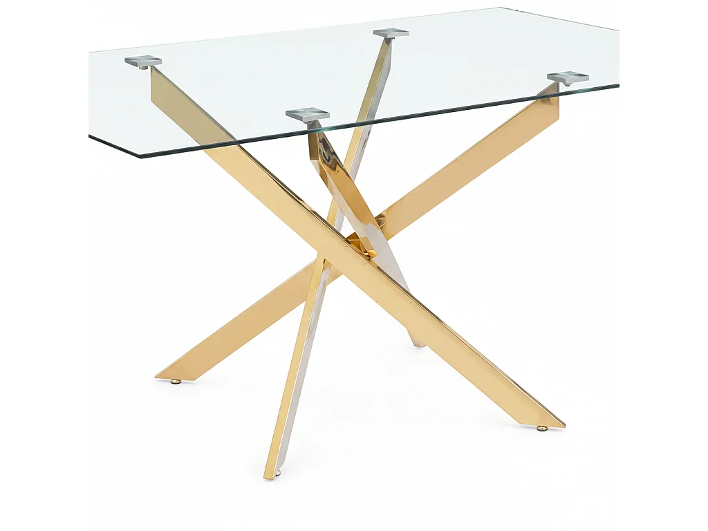 Table repas Jessica 150x90 cm,  Plateau en verre transparent et des pieds en acier gold