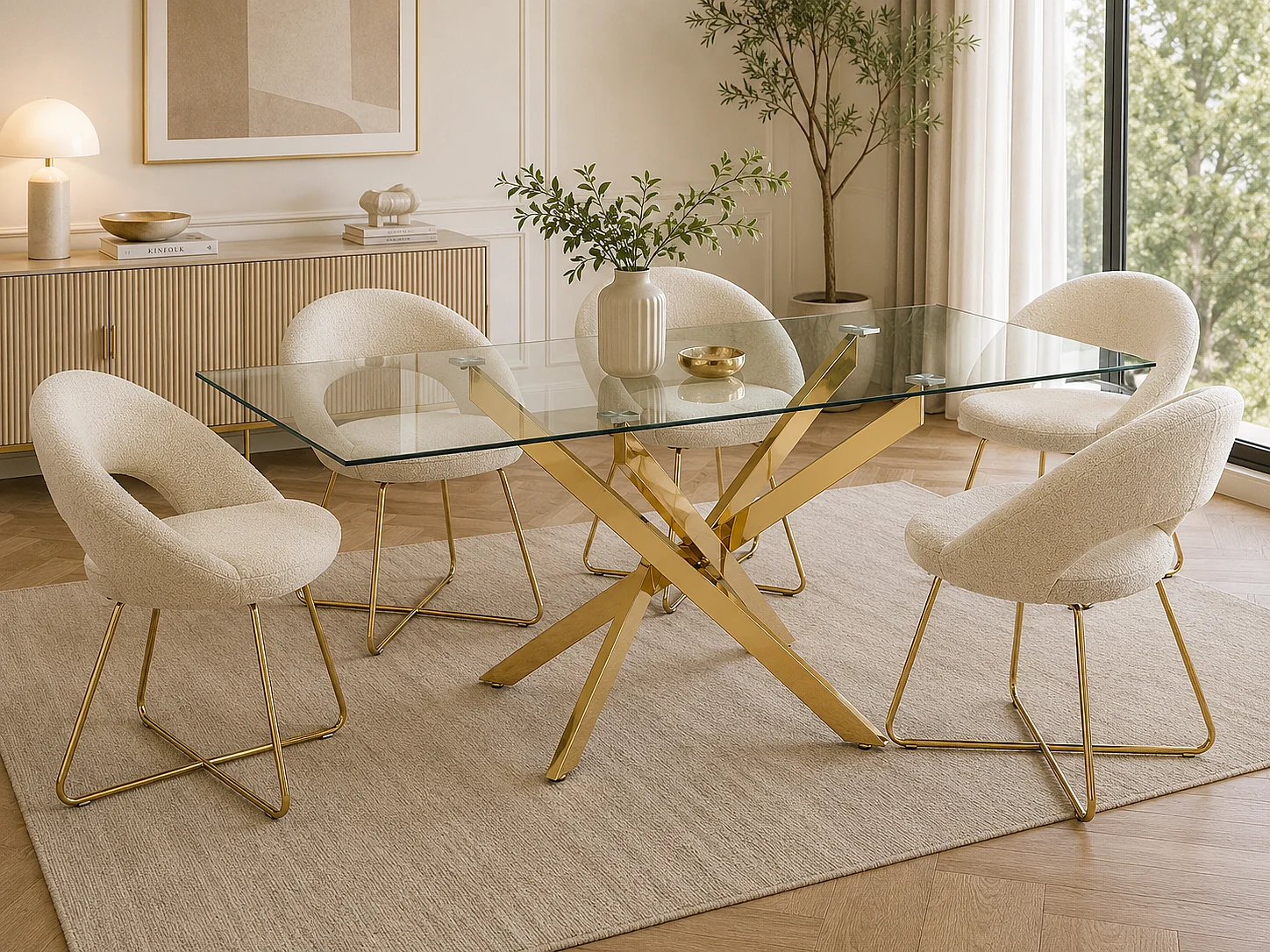 Table repas Jessica 150x90 cm,  Plateau en verre transparent et des pieds en acier gold