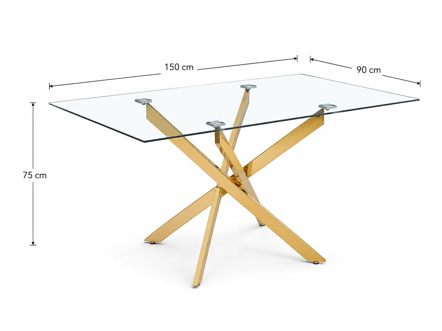 Table repas Jessica 150x90 cm,  Plateau en verre transparent et des pieds en acier gold