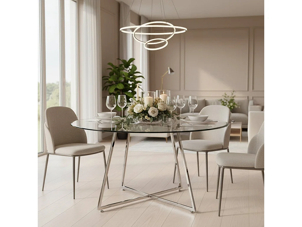 Table à manger ronde HELOISE Chrome - Plateau Transparent D120 cm