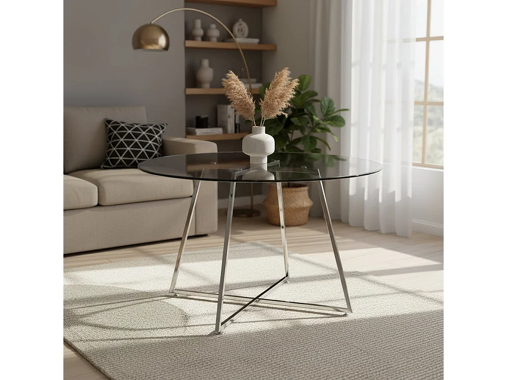 Table à manger ronde HELOISE Chrome - Plateau Transparent D120 cm