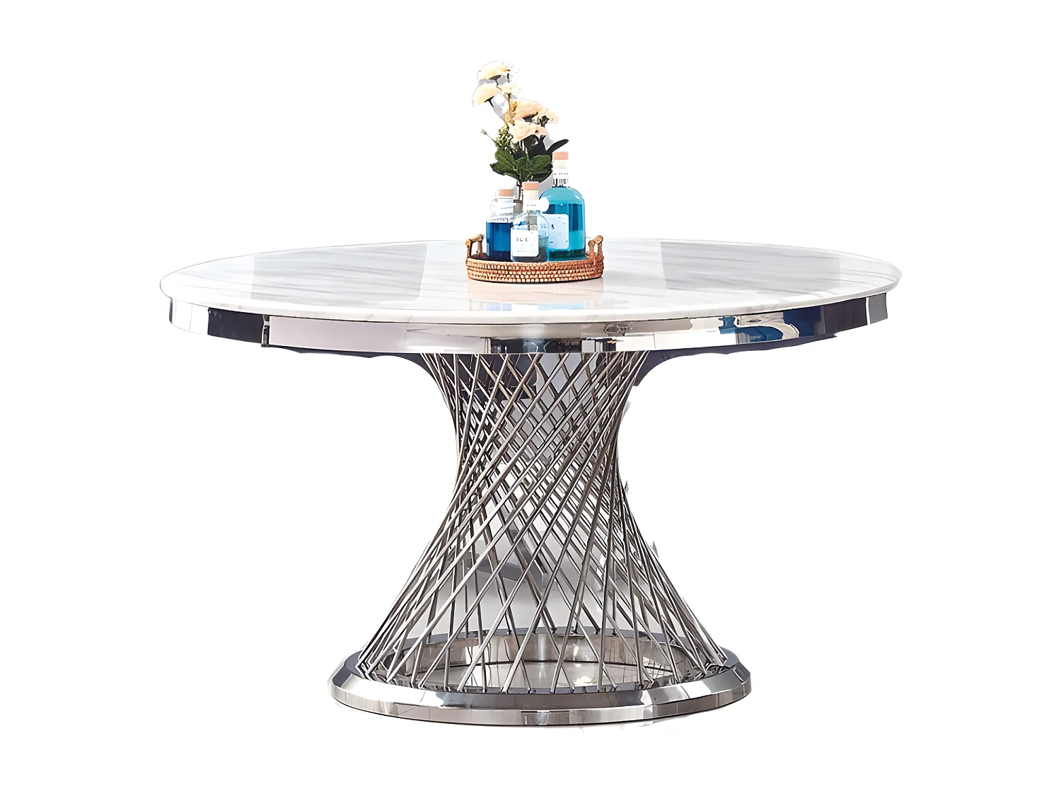 Table repas ronde deluxe chrome verre effet marbre blanc d130 cm
