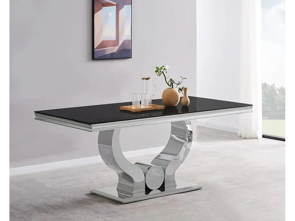 Table à manger TROFY 4 à 6 personnes 150x90 cm chrome plateau en verre noir