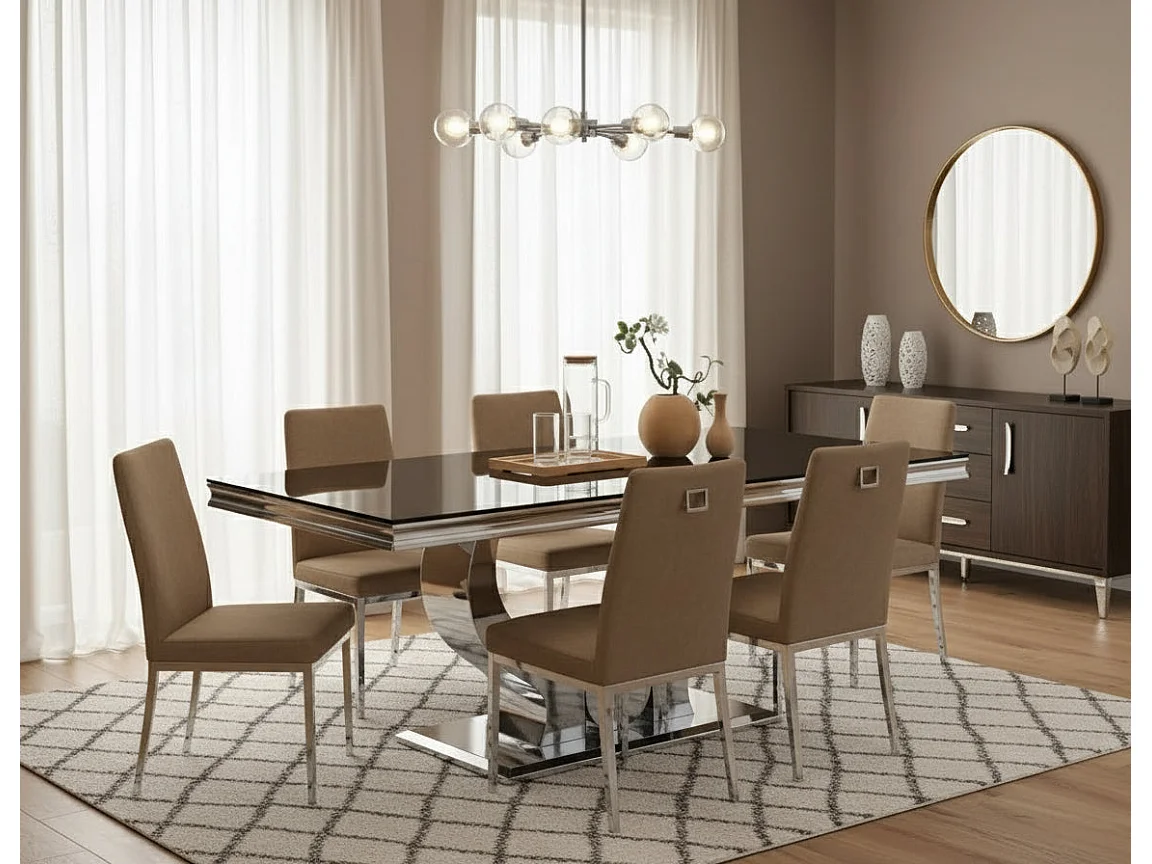 Table à manger TROFY 4 à 6 personnes 150x90 cm chrome plateau en verre noir