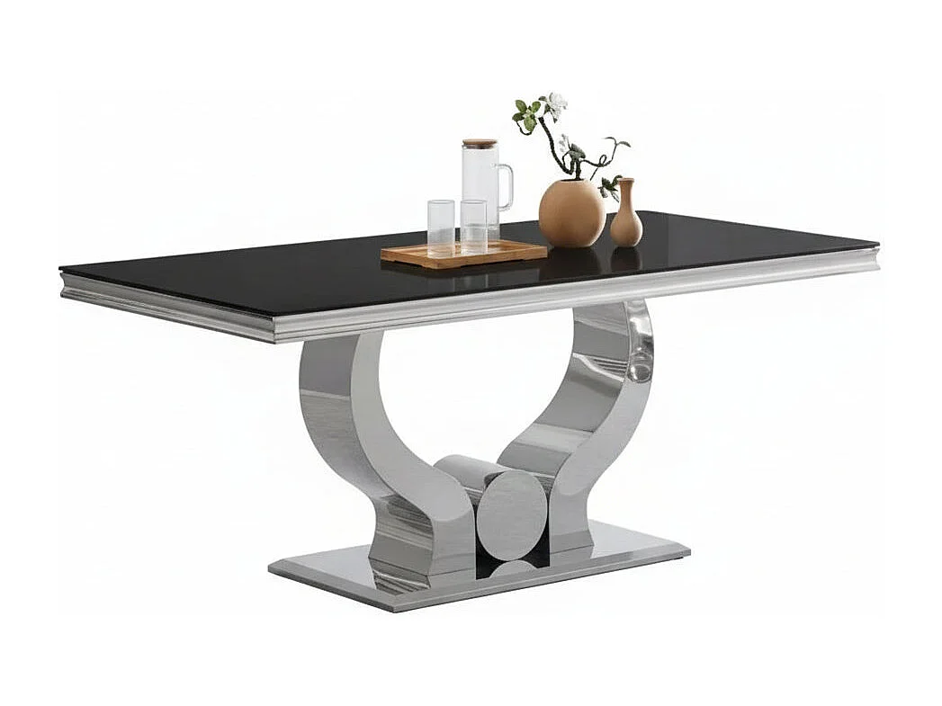 Table à manger TROFY 4 à 6 personnes 150x90 cm chrome plateau en verre noir